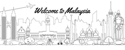 Malaysia famoso punto di riferimento silhouette linea stile vettore