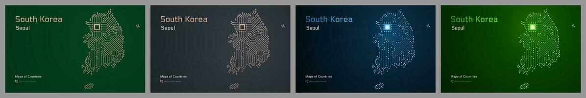 Sud Corea creativo mappe impostato con un' capitale di Seoul mostrato nel un' microchip modello con processore. e-government vettore