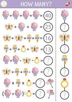 Come molti fiori gioco, equazione o rebus con carino mazzi di fiori. nozze matematica attività per scuola bambini. semplice matrimonio cerimonia stampabile conteggio foglio di lavoro per bambini con la farfalla, squillare vettore