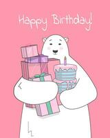 carino polare orso detiene un' compleanno torta con i regali. saluto carta contento compleanno nel inverno. isolato vettore illustrazioni