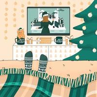 un essere umano sta guardando film di Natale e Capodanno sul letto con i calzini a maglia, sotto il plaid. la camera è decorata nei colori verde, pesca, bianco. albero di natale vicino al tavolo della tv vettore