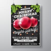 Vector Merry Christmas Party design con elementi di tipografia vacanza e palle di vetro su fondo di legno dell&#39;annata.