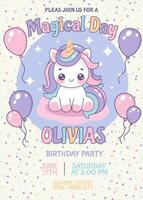compleanno invito carta con magico carino unicorno e palloncini. figli di compleanno invito modello. vettore illustrazione su un' colorato sfondo.
