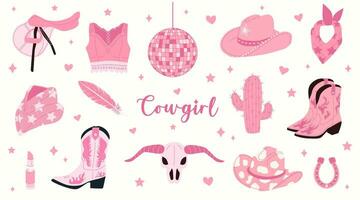 mano disegnato vettore rosa femmina cowboy Accessori e attributi. collezione di retrò cowboy moda elementi. cowboy occidentale e selvaggio ovest tema.