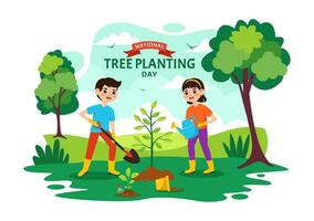 nazionale albero piantare giorno vettore illustrazione con bambini pianta piantina alberi nel foresta o giardino nel pergolato piatto cartone animato sfondo design