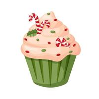 Natale Cupcake con caramella canna e vischio. agrifoglio Cupcake nel cartone animato stile. vettore illustrazione isolato su un' bianca sfondo.