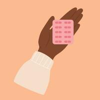 africano americano nero femmina mano detiene pillole per mestruale periodo dolore. medicinale. vettore