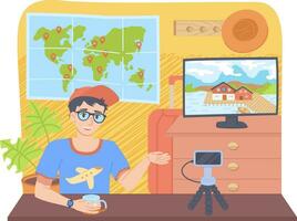 viaggio blogger concetto. uomo nel un' berretto con carta geografica, tv, telecamera a casa ufficio sfondo. vettore