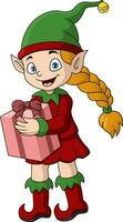 carino Natale ragazza elfo cartone animato Tenere regalo vettore