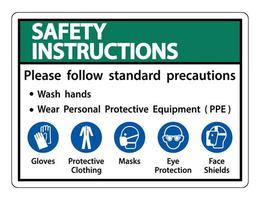 istruzioni di sicurezza seguire le precauzioni standard, lavarsi le mani, indossare dispositivi di protezione individuale dpi, guanti indumenti protettivi maschere protezione degli occhi visiera vettore