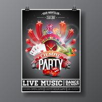 Vector Party Flyer design su un tema di Casino con la ruota della roulette e carte da gioco