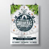 Vector Merry Christmas Party design con elementi di tipografia vacanza e stelle lucenti su fondo di legno dell&#39;annata.