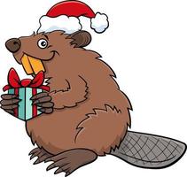 personaggio animale castoro dei cartoni animati con regalo nel periodo natalizio vettore