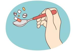 avvicinamento di mano Tenere cucchiaio con pillole dipendente per pharma. paziente con cucchiaio di medicazione e droghe. medicina e assistenza sanitaria. vettore illustrazione.