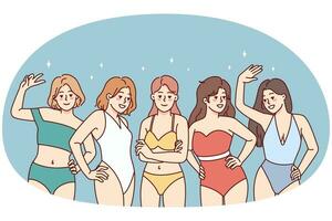 ritratto di sorridente ragazze nel costumi da bagno in posa insieme. contento diverso giovane donne nel bikini godere estate vacanza. diversità e corpo positività. vettore illustrazione.