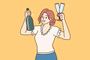 donna Spettacoli bottiglia Champagne e vino occhiali, suggerendo Venerdì notte festa per prendere rompere a partire dal opera vettore