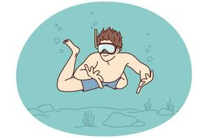 uomo tuffatore con Sorridi nuotate subacqueo godere esplorando oceano pavimento con rocce e alghe. vettore Immagine