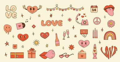 contento san valentino giorno. impostato di impaurito Groovy hippie grafica. retrò 60s 70s di moda icone nel rosa e rosso colore. amore e incontri concetto. Vintage ▾ y2k personaggi e clipart. vettore illustrazione isolato.