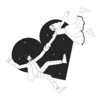 caucasico coppia amore primo vista nero e bianca 2d illustrazione concetto. europeo fidanzato fidanzata cartone animato schema personaggi isolato su bianca. romantico affetto metafora monocromatico vettore arte