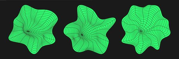 impostato di distorto informatica griglie. cyberpunk geometria elemento y2k stile. isolato verde maglia su nero sfondo. vettore moda illustrazione.