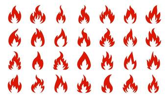fuoco icone. impostato di luminosa ardente fiamma e falò icone. bruciare cartello collezione. vettore illustrazione
