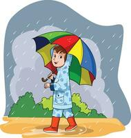 poco ragazzo trasporto colorato ombrello nel il piovoso stagione vettore illustrazione