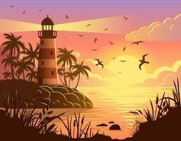 colorato vettore illustrazione di un' paesaggio marino a tramonto con un' faro e palme
