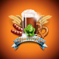 Illustrazione vettoriale Oktoberfest con birra scura fresca su sfondo arancione.