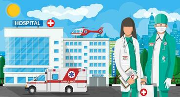 ambulanza personale concetto. ospedale costruzione, medico icona. assistenza sanitaria, ospedale e medico diagnostica. urgenza e emergenza Servizi. strada, cielo, albero. auto e elicottero. piatto vettore illustrazione