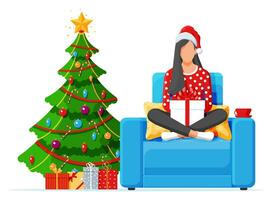 donna seduta loto posa Tenere regalo scatola. attraversare dalle gambe femmina personaggio con Natale presente e albero. contento nuovo anno decorazione. allegro Natale vacanza. natale celebrazione. piatto vettore illustrazione