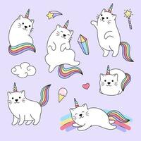 gatto unicorni, impostato di cartone animato stile illustrazioni, fantasia carino arcobaleno illustrazioni vettore