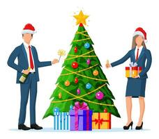 attività commerciale persone nel Natale cappelli su vacanza. ufficio colleghi con albero, Champagne e regalo. attività commerciale donna e uomo celebrazione di nuovo anno. ufficio festa, aziendale vacanza. piatto vettore illustrazione