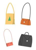 impostato di diverso borse isolato. Borsa, frizione, acquirente, viaggio borsa e marsupio borse. donna Accessori collezione. diverso femmina borsette, lato Visualizza. cartone animato piatto vettore illustrazione