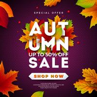 Autumn Sale Design con foglie che cadono e scritte su sfondo viola. Illustrazione vettoriale autunnale con elementi di tipografia offerta speciale per coupon