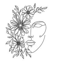 minimalista donna di viso con fiori linea arte vettore