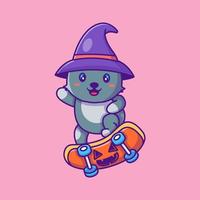 simpatico gatto nero che gioca a skateboard con zucca felice halloween fumetto illustrazione vettore