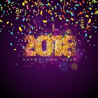 Illustrazione di vettore felice nuovo anno 2018 su sfondo di illuminazione splendente con coriandoli colorati e design tipografia.