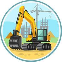 giallo edificio scavatrice vettore Immagine nel cerchio con costruzione la zona sfondo durante scavo, scavando lavori. costruzione camion collezione