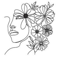 minimalista linea arte di un' donna di viso con fiori vettore