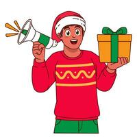 nero uomo nel Natale maglione e Santa cappello Tenere un' regalo scatola vettore