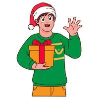 uomo nel Natale maglione e Santa cappello Tenere un' regalo scatola vettore