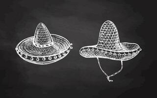 disegnato a mano sombrero schizzi impostato su lavagna sfondo. Vintage ▾ disegno di cappello. vettore nero inchiostro schema illustrazione. messicano cultura, Abiti, latino America.