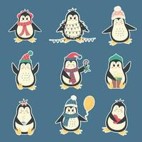 carino divertente pinguini etichetta impostare. inverno personaggi nel diverso capi di abbigliamento e vario pose. colorato vettore illustrazione nel piatto cartone animato stile.