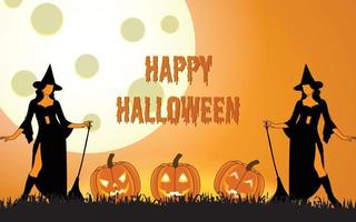illustrazione di halloween per sfondo e invito festa di halloween, illustrazione di halloween vettoriale disegnato a mano con strega e zucca spaventosa carina, illustrazione di halloween con luna giont sullo sfondo.