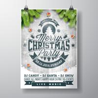 Vector Merry Christmas Party design con elementi di tipografia vacanza e stelle lucenti su fondo di legno dell&#39;annata.
