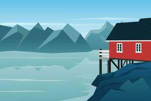 di legno Casa esterno con bellissimo lago e montagna paesaggio. Norvegia. rosso Casa. Scandinavia. vettore illustrazione.