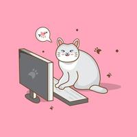 gatto che lavora all'illustrazione dell'icona di vettore del fumetto del computer.