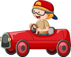 un ragazzo alla guida di una mini auto giocattolo su sfondo bianco vettore