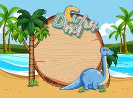 scena della spiaggia con modello di bordo vuoto e simpatico personaggio dei cartoni animati di dinosauro vettore