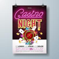 Vector l&#39;illustrazione dell&#39;aletta di filatoio di notte del casinò con gli elementi di progettazione di gioco e l&#39;iscrizione luminosa al neon luminosa sul fondo del muro di mattoni. Insegna luminosa, ruota della roulette